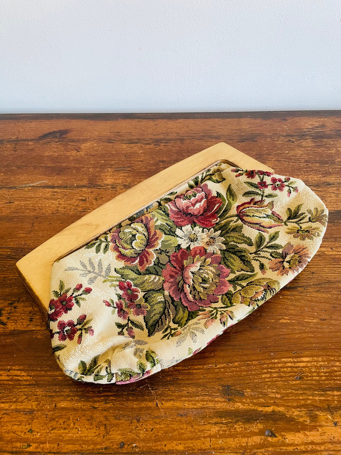 Wood & Floral Tapestry Fabric Clutch Purse with Magnetic Clasp