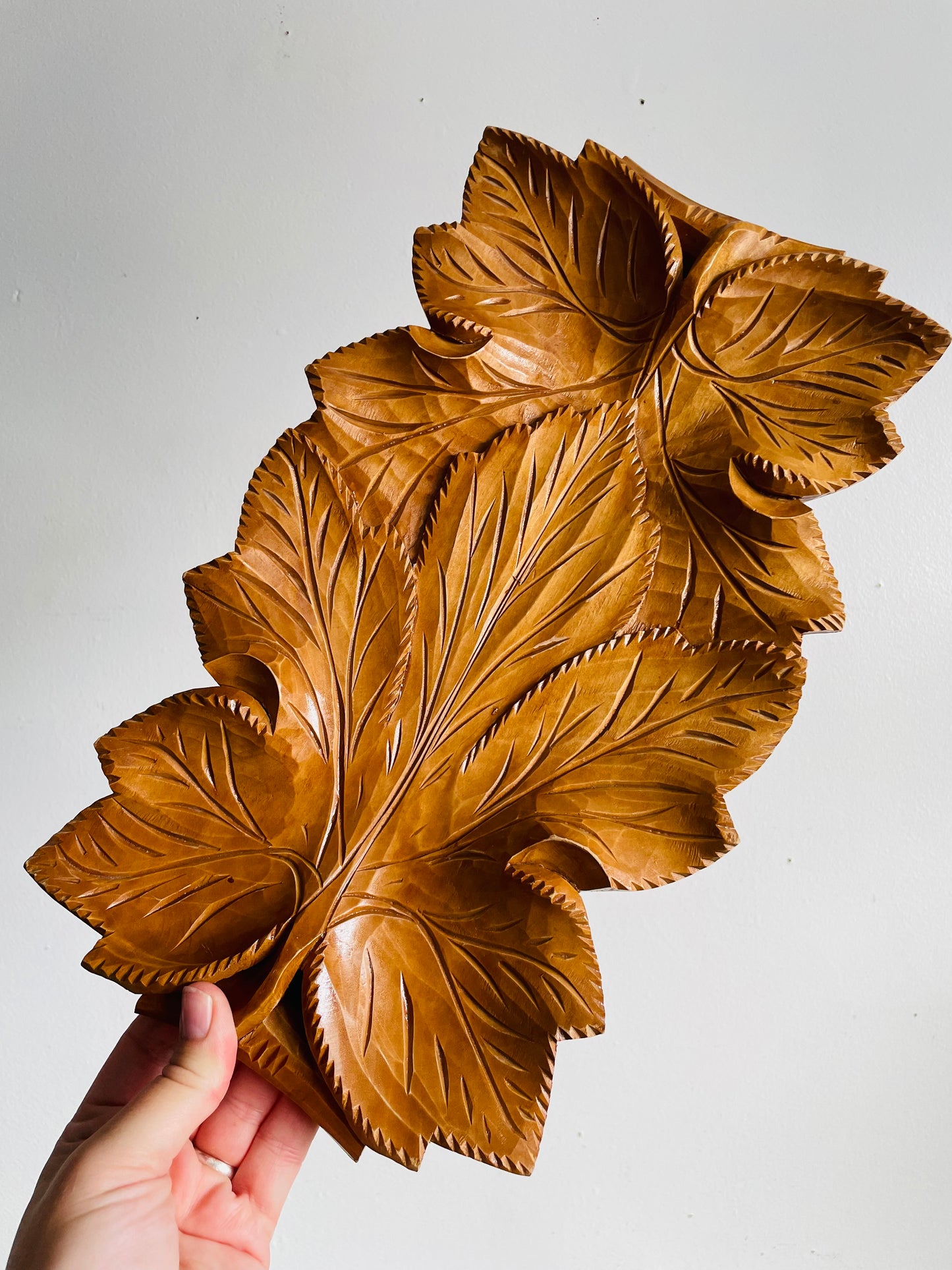 Vintage Gorgeous Carved Wood Tray with Leaf Design & Handles - Can Hang or Lay Flat