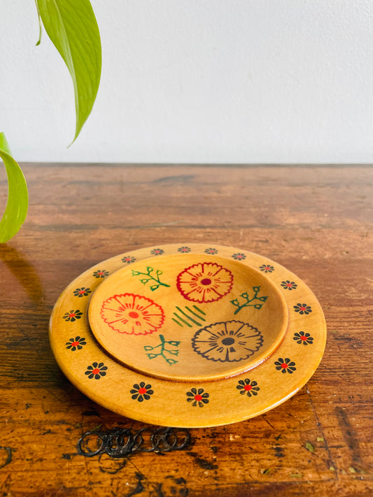 Wooden Russian Folk Art Trinket Dish Plate with Stamped Flower Design