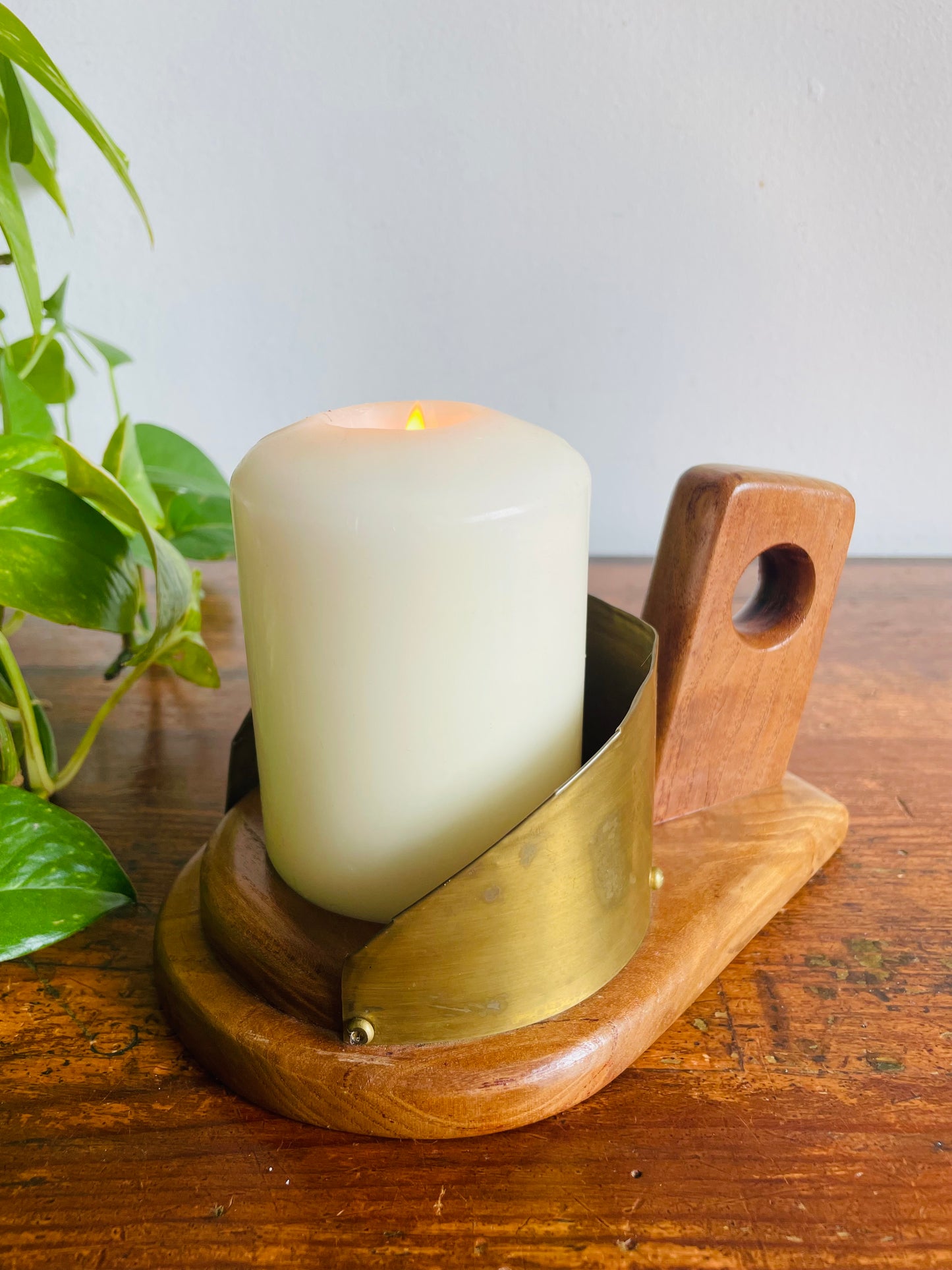 Vintage Brass & Wood Chamberstick Candle Holder Reflector - Pillar Candle or Tealight Candle