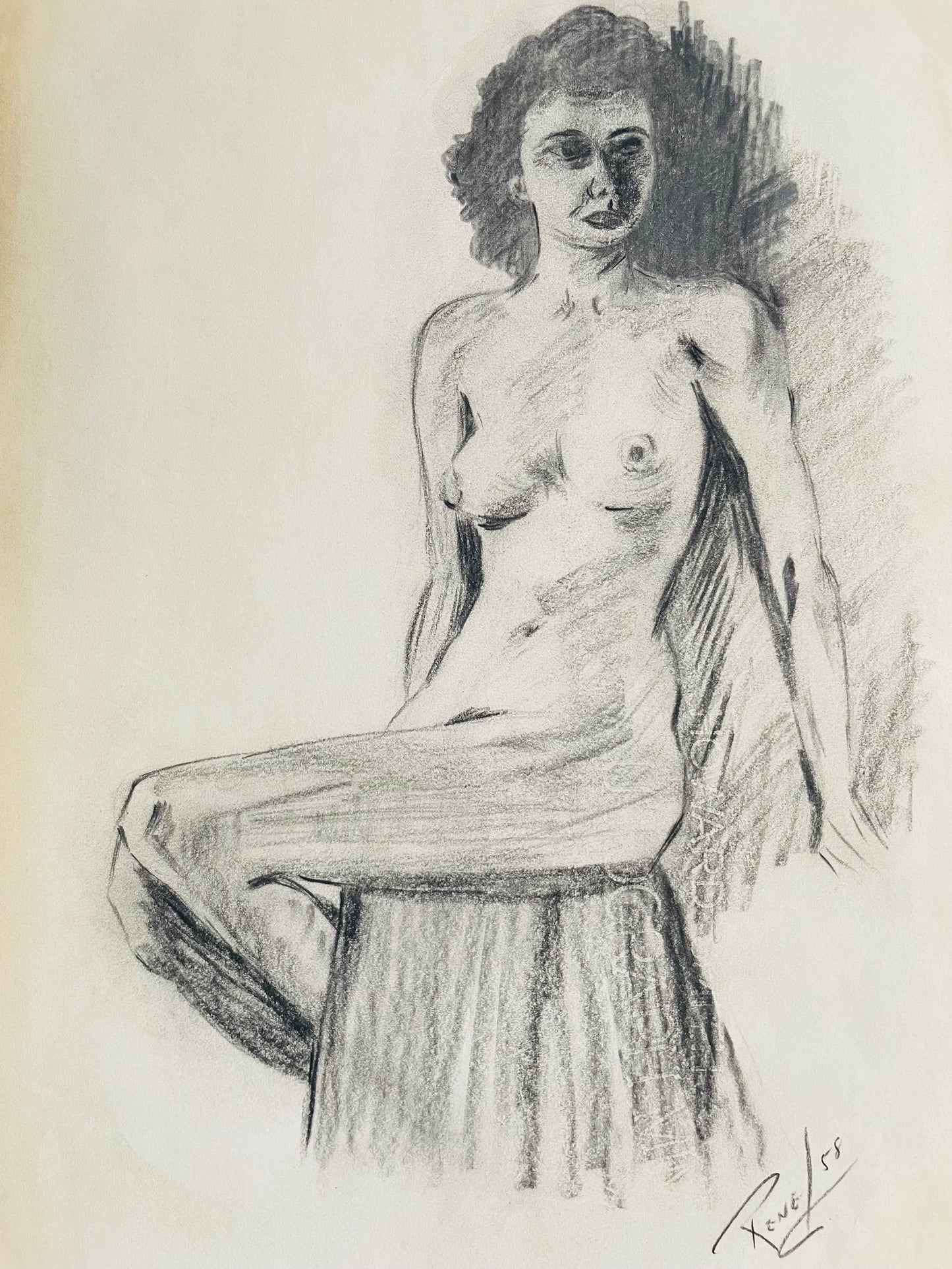 1958 Original Art Academic Nude Portrait Study Sketch on Paper of Woman - Signed Rene