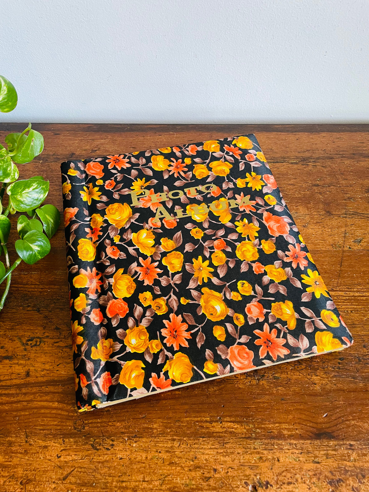 Vintage Groovy Floral Photo Album Scrapbook With Brown, Orange & Yellow Flower Design Fabric Cover