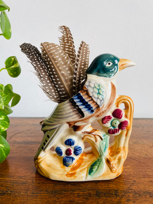 Vintage 1950s/60s Hand Painted Florart Ceramic Bird on Branch with Flowers Vase Planter