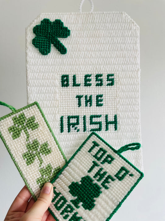 St. Patrick's Day Holiday Bundle of Plastic Canvas Art Decorations - Bless The Irish, Top O' The Mornin, & Shamrock Graphics - Set of 3