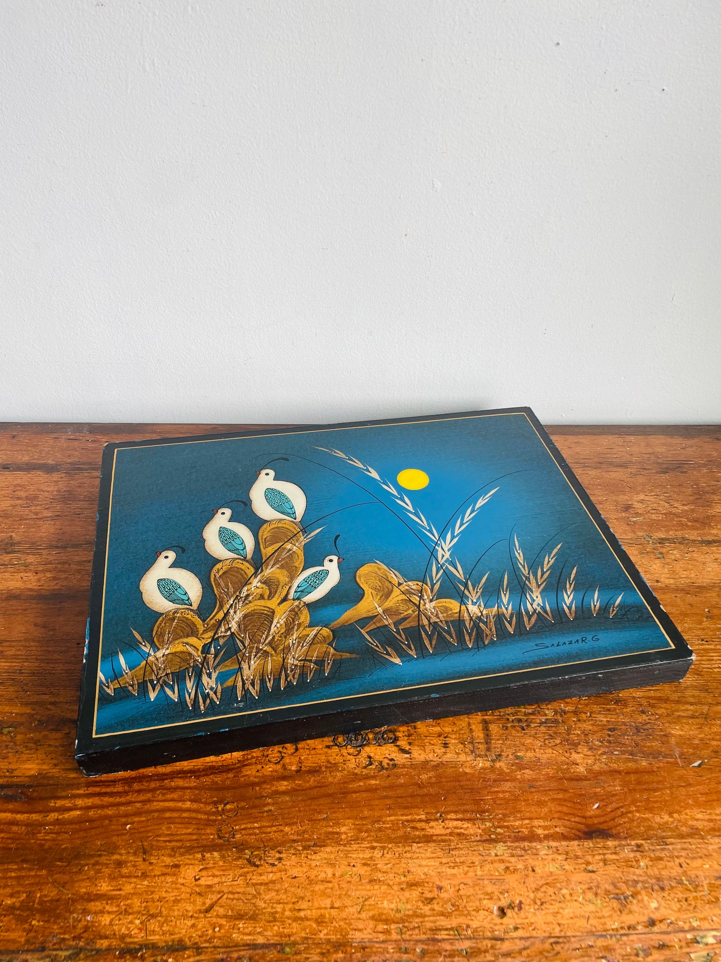 Vintage Mexican Folk Art Painting of Quail Birds with Sun & Blue Background - Artist Signed Salazar G.