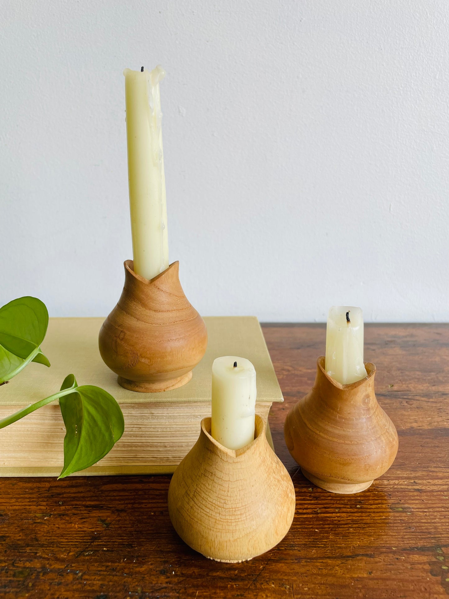 Handmade Wood-Turned Tulip Mouthed Candle Holders or Bud Vases - Artist Signed - Set of 3