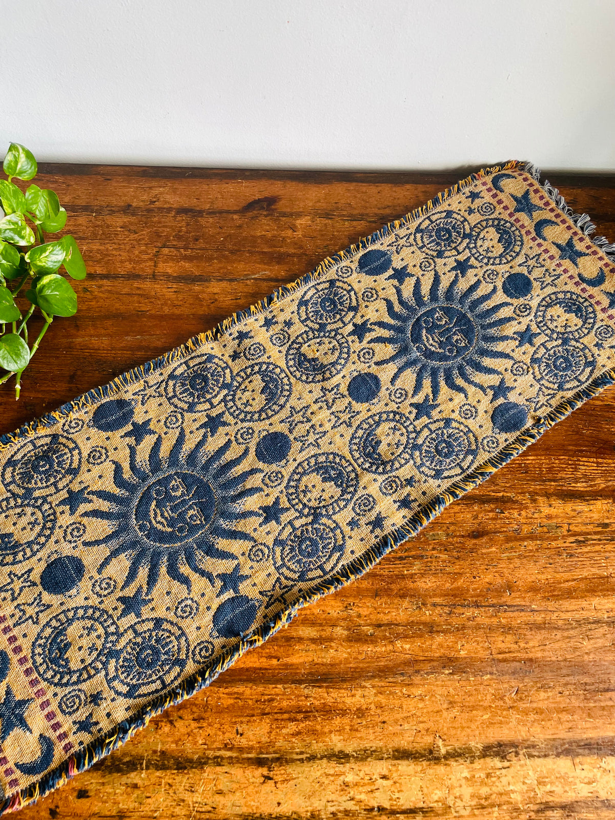 Vintage Blue & Yellow Reversible Celestial Tapestry Fabric Fringed 2.88 Feet Table Runner with Sun, Moon & Star Design - Whimsigoth Decor