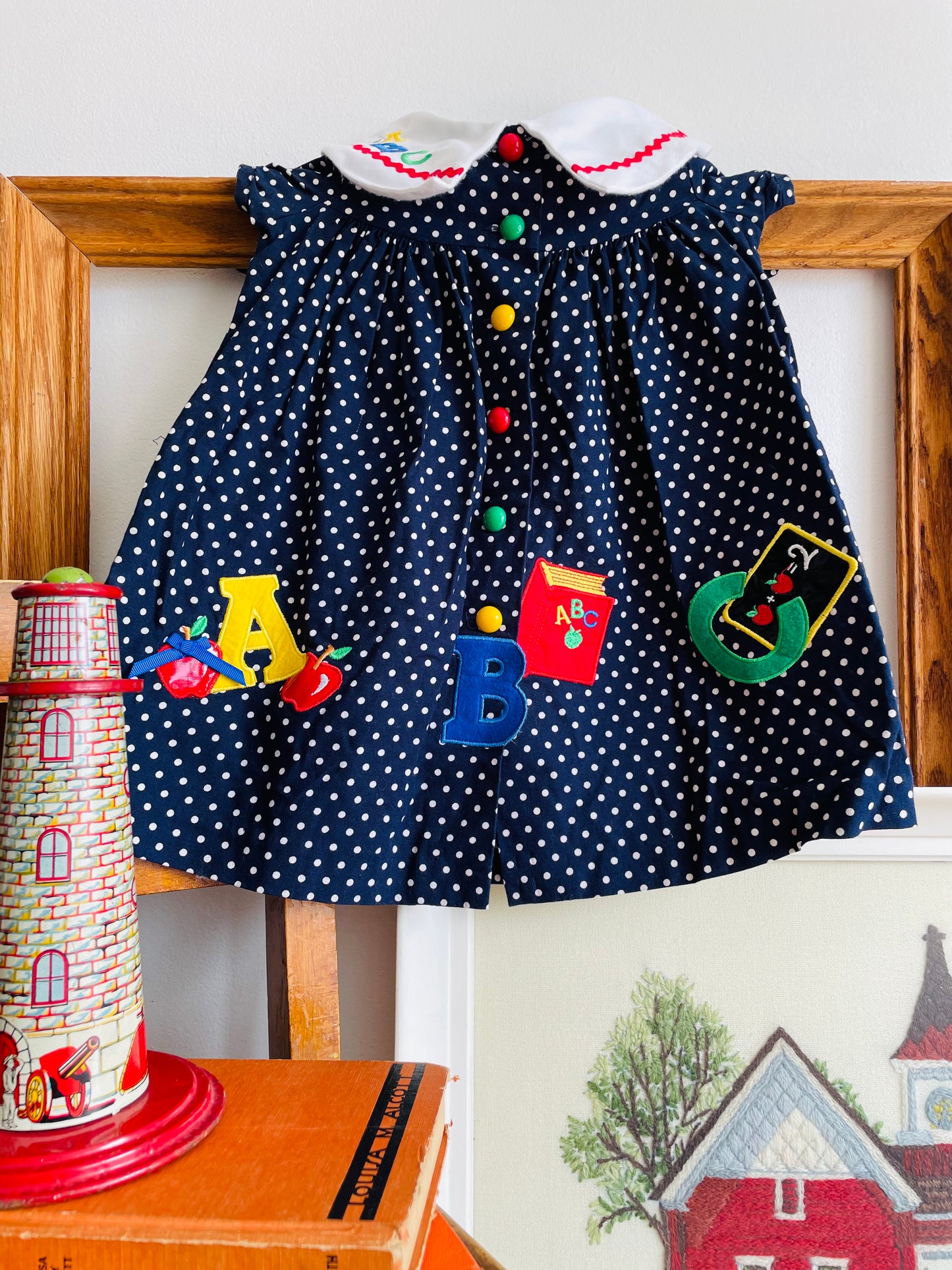 Rare Edition Brand 100% Cotton Navy Polka Dot Dress with ABC School Patches - Size 24 Months