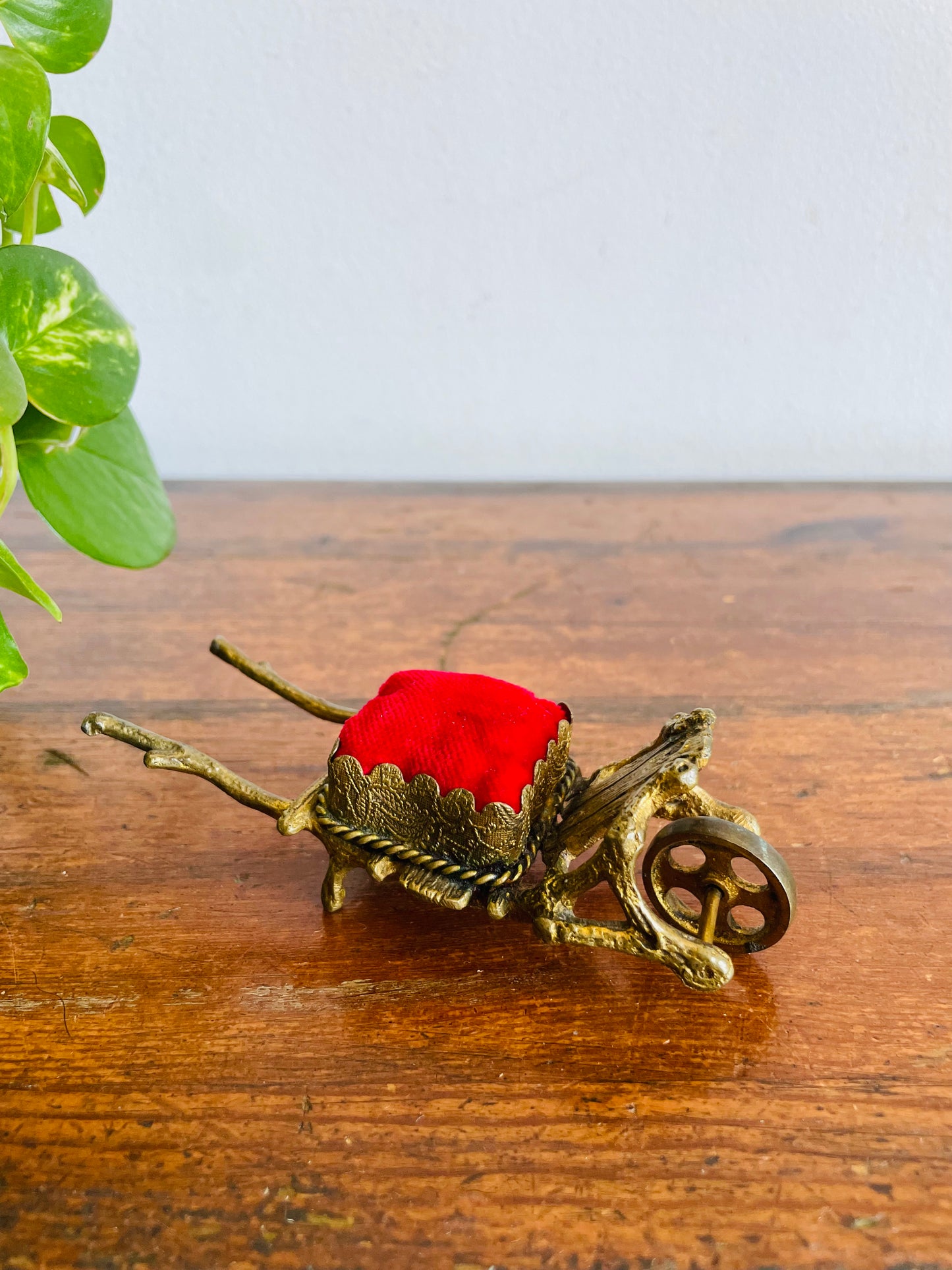 Vintage Miniature Brass Wheelbarrow Pin Cushion