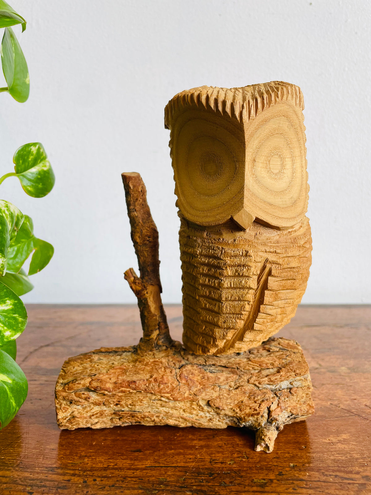 Vintage Hand-Carved Wood Owl Bird on Natural Branch Base - Signed by Canadian Woodcarving Artist Norman Peterson - Made in Canada