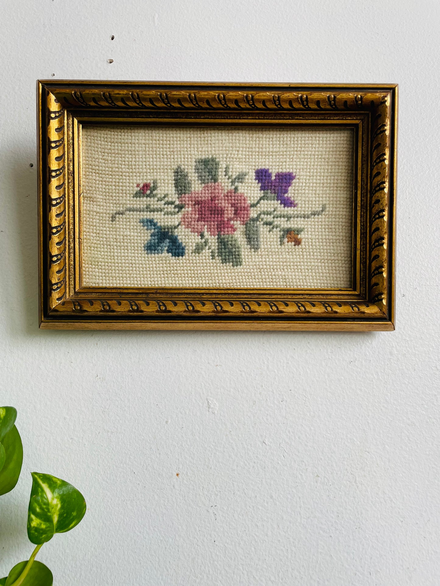 Vintage 1932 Floral Needlepoint Embroidery Picture in Gold Frame - Made by Babs in Regina Saskatchewan