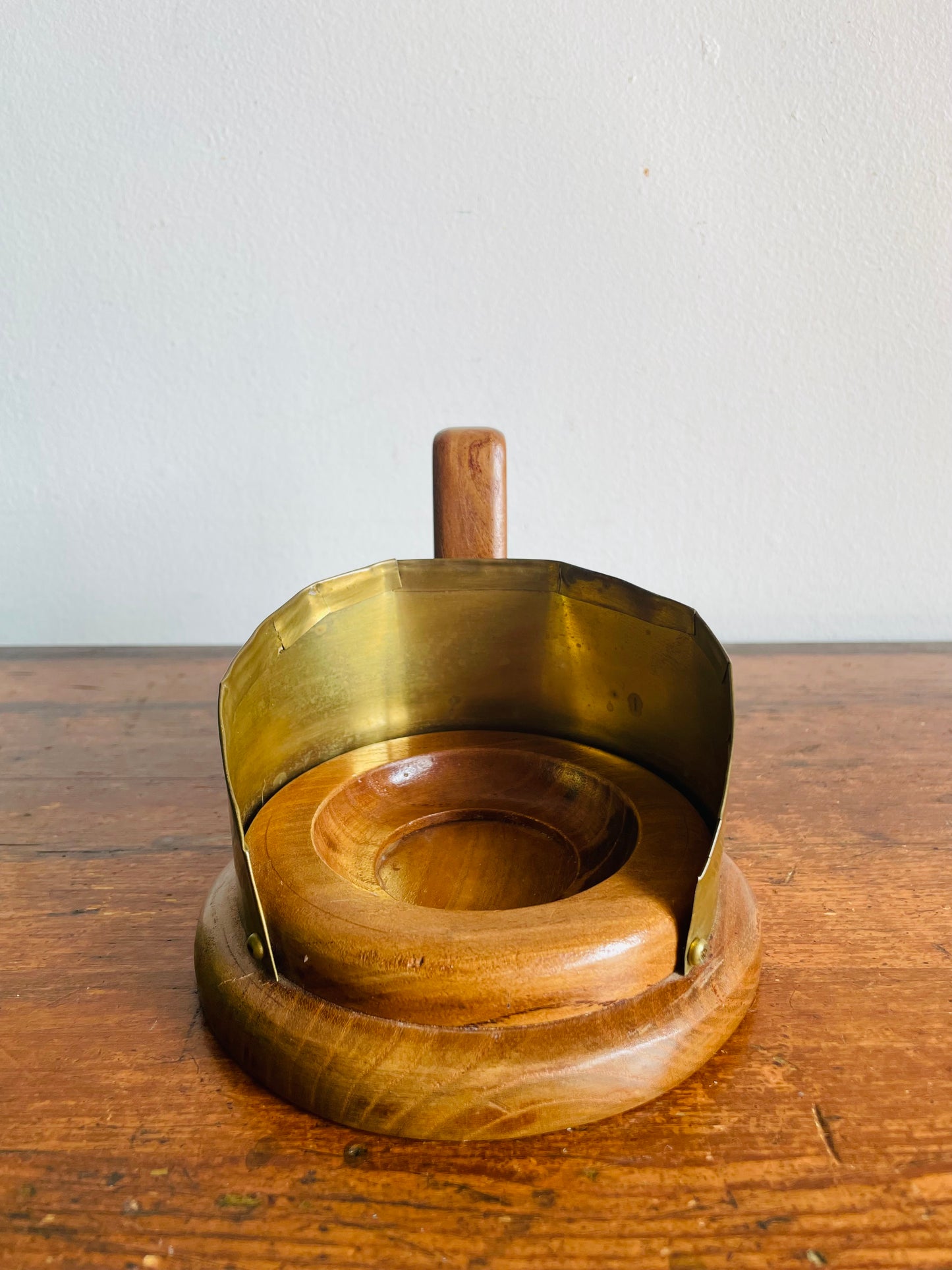 Vintage Brass & Wood Chamberstick Candle Holder Reflector - Pillar Candle or Tealight Candle
