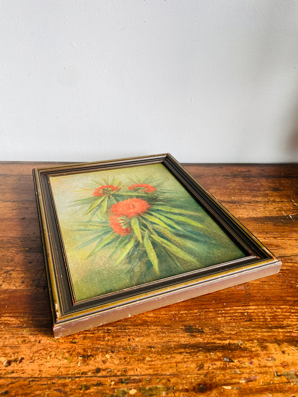 Vintage Very Old Original Art Painting of Red Flowers Among Green Foliage in Dark & Moody Colours - Artist Signed