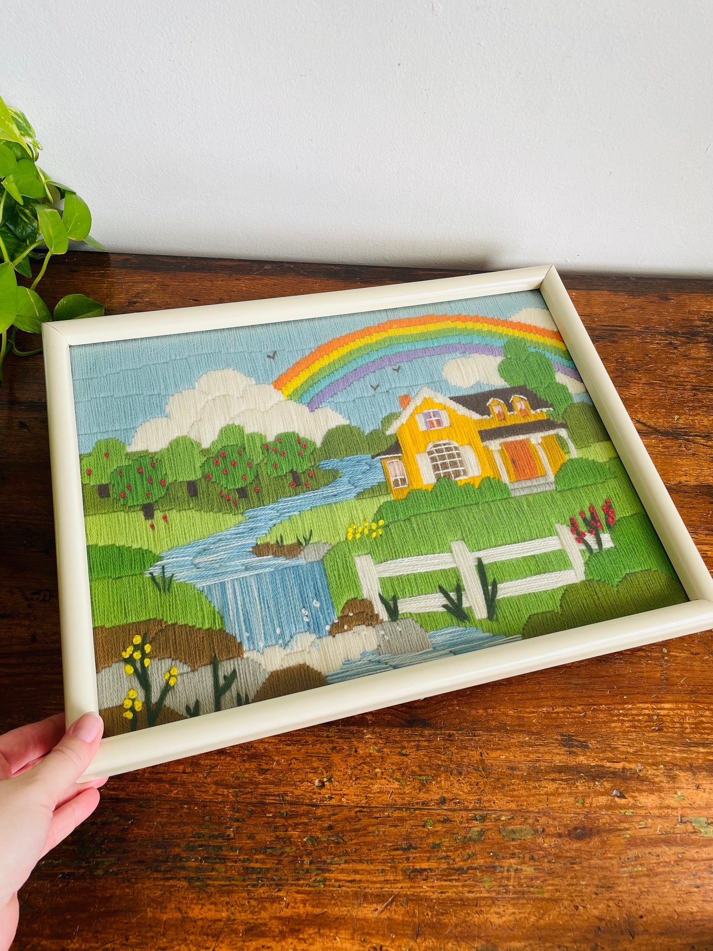 Vintage Absolutely Adorable Cheerful & Bright Crewel Embroidery Picture of Yellow House Under Rainbow - Signed on Back: To Adam Love Mommy & Daddy July 1986