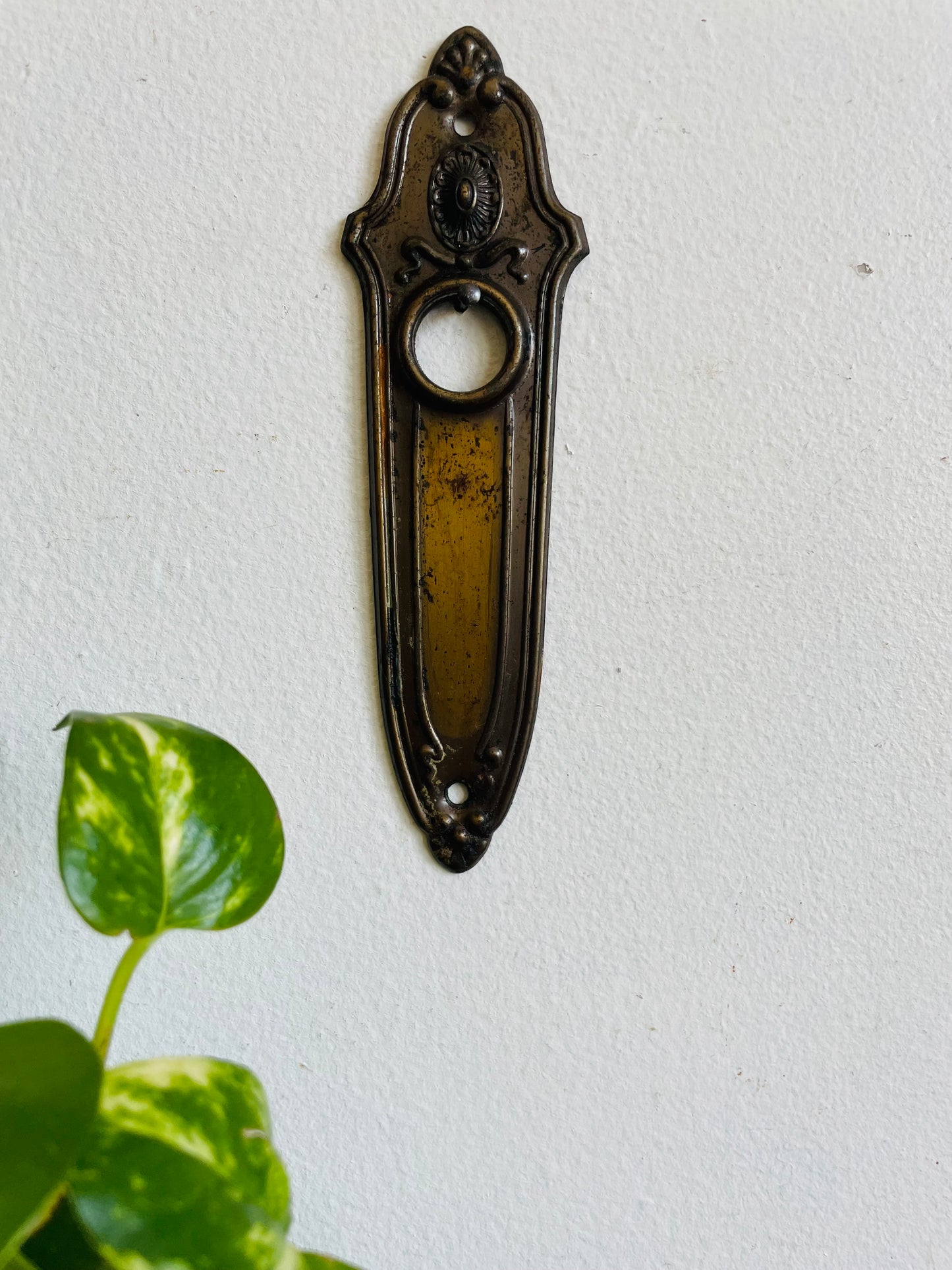 Antique Early 1900s "Landsdowne" Metal Escutcheon Doorplate by Sargent with Lighter Patina - Architectural Salvage - As Found