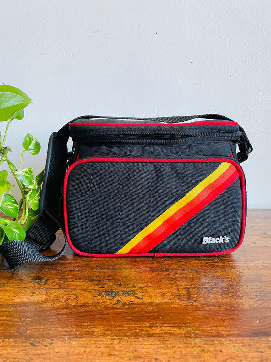 Vintage Black's Photography Camera Shoulder Bag Case with Yellow, Orange & Red Rainbow Stripe Design & Multiple Pockets - Made in Taiwan