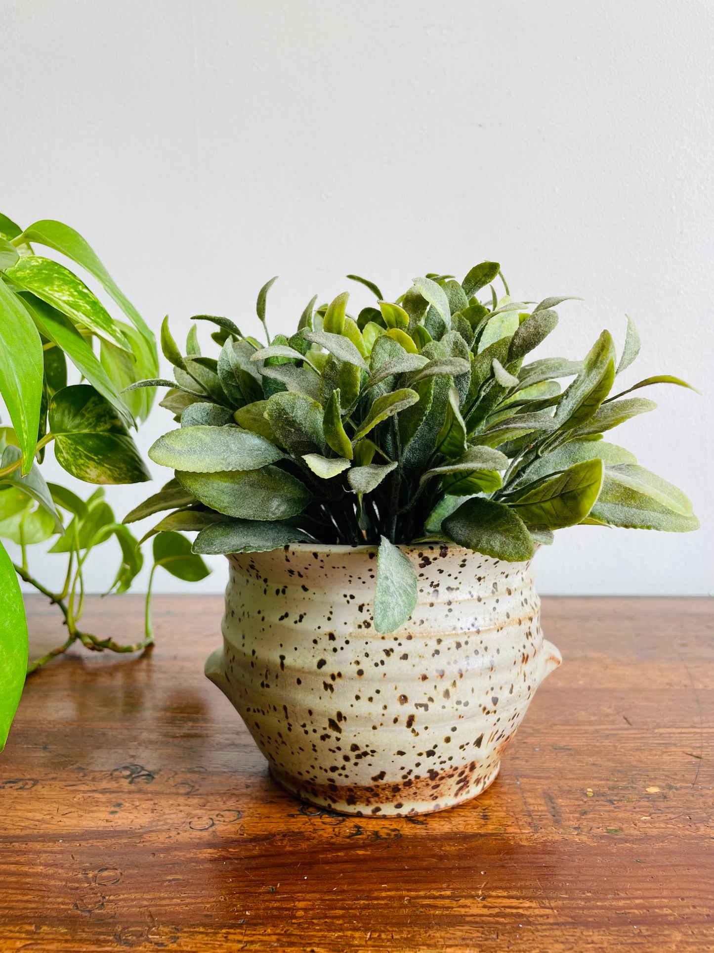 Studio Pottery Speckled Planter Pot with Groove Handles