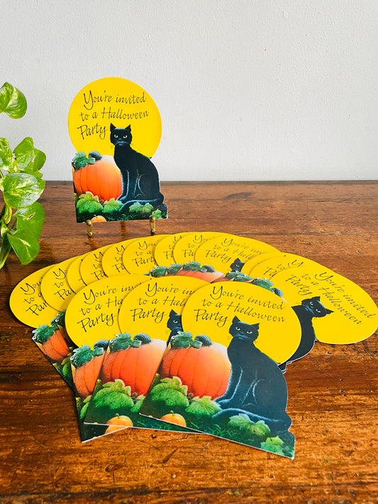 Vintage Carlton Cards Invitations You're Invited to a Halloween Party - Black Cat, Pumpkin Patch & Full Moon - Set of 16