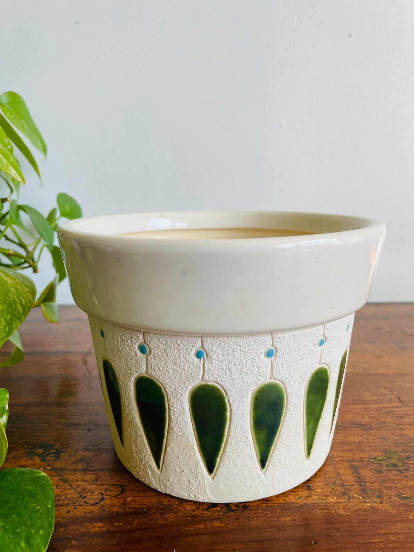 Vintage Mid-Century Modern 7" Textured White Planter Pot with Green & Blue Design