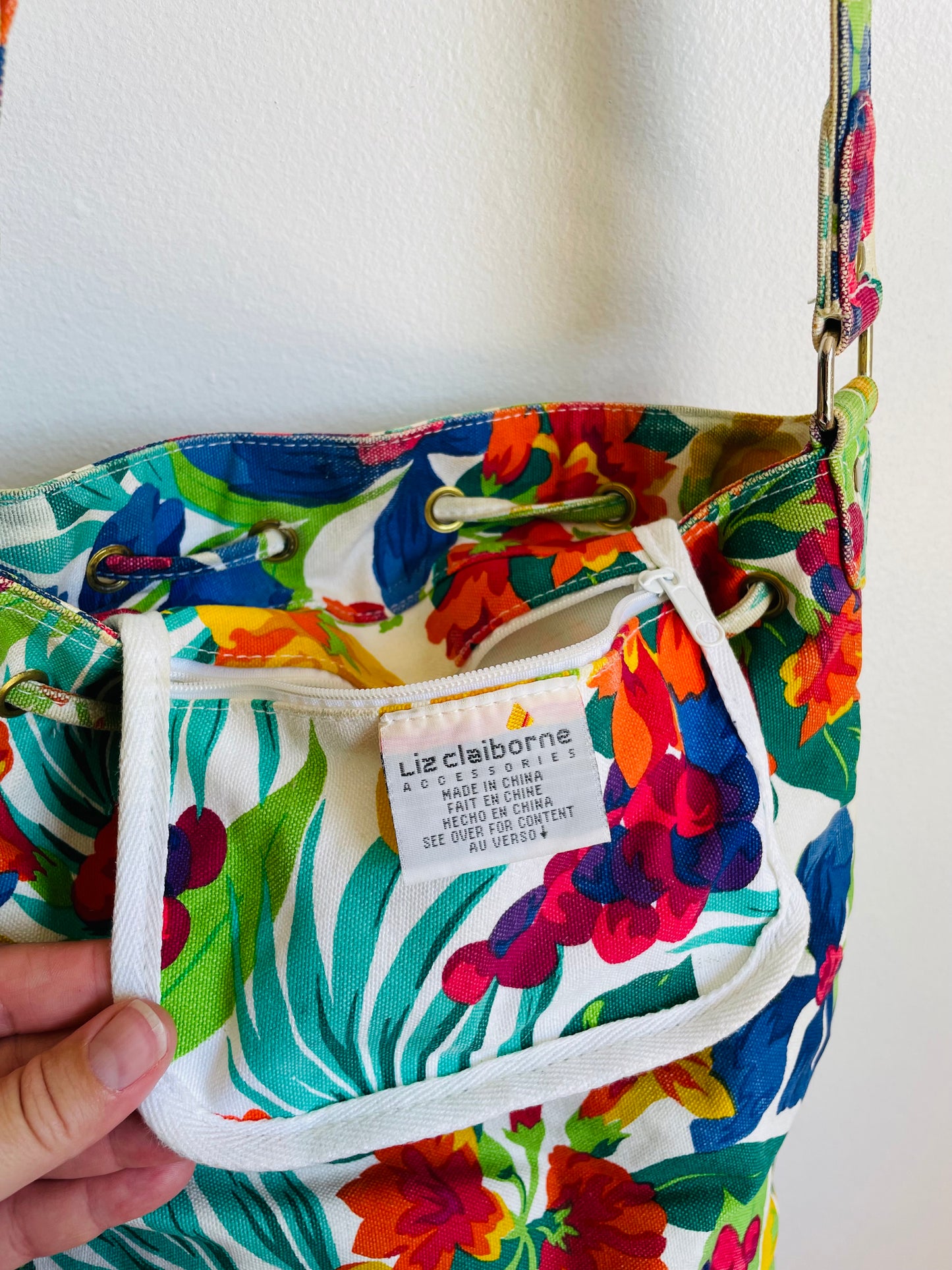 Tropical & Bright Liz Claiborne Accessories 100% Cotton Drawstring Bucket Pouch Purse with Multiple Compartments