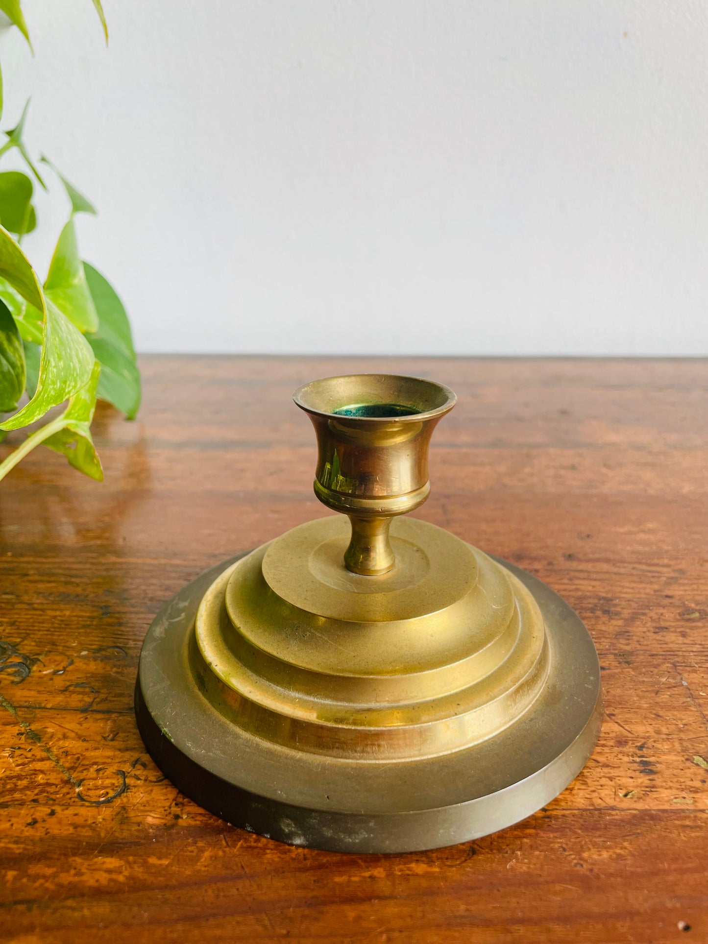 Vintage H Solid Brass Handmade Candle Holder with Round Graduated Stacked Base - Made in India