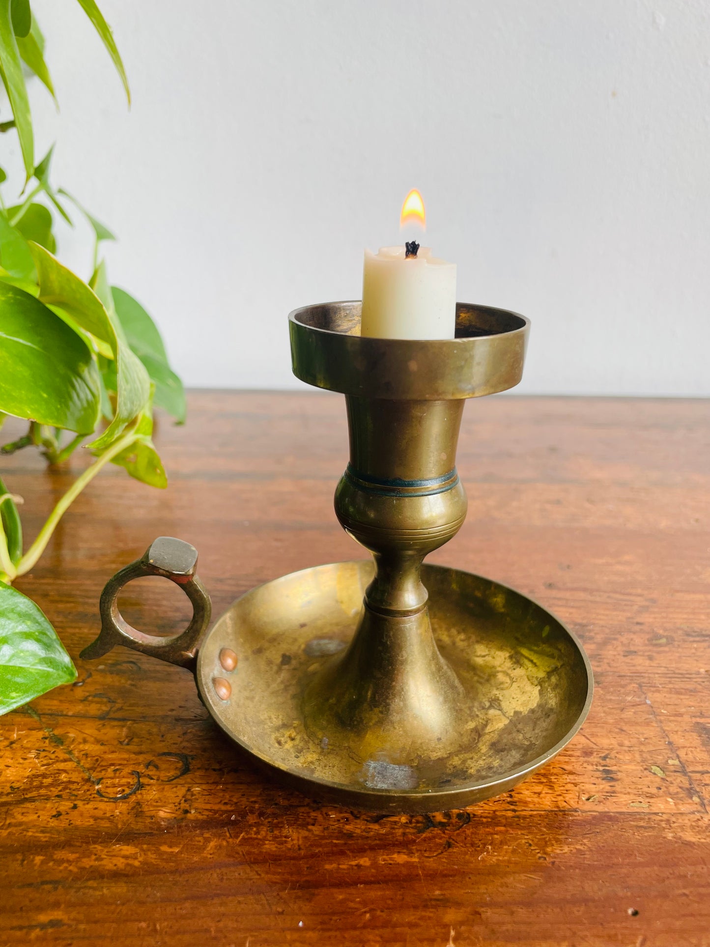 Vintage Solid Brass Chamberstick Candle Holder with Aged Patina