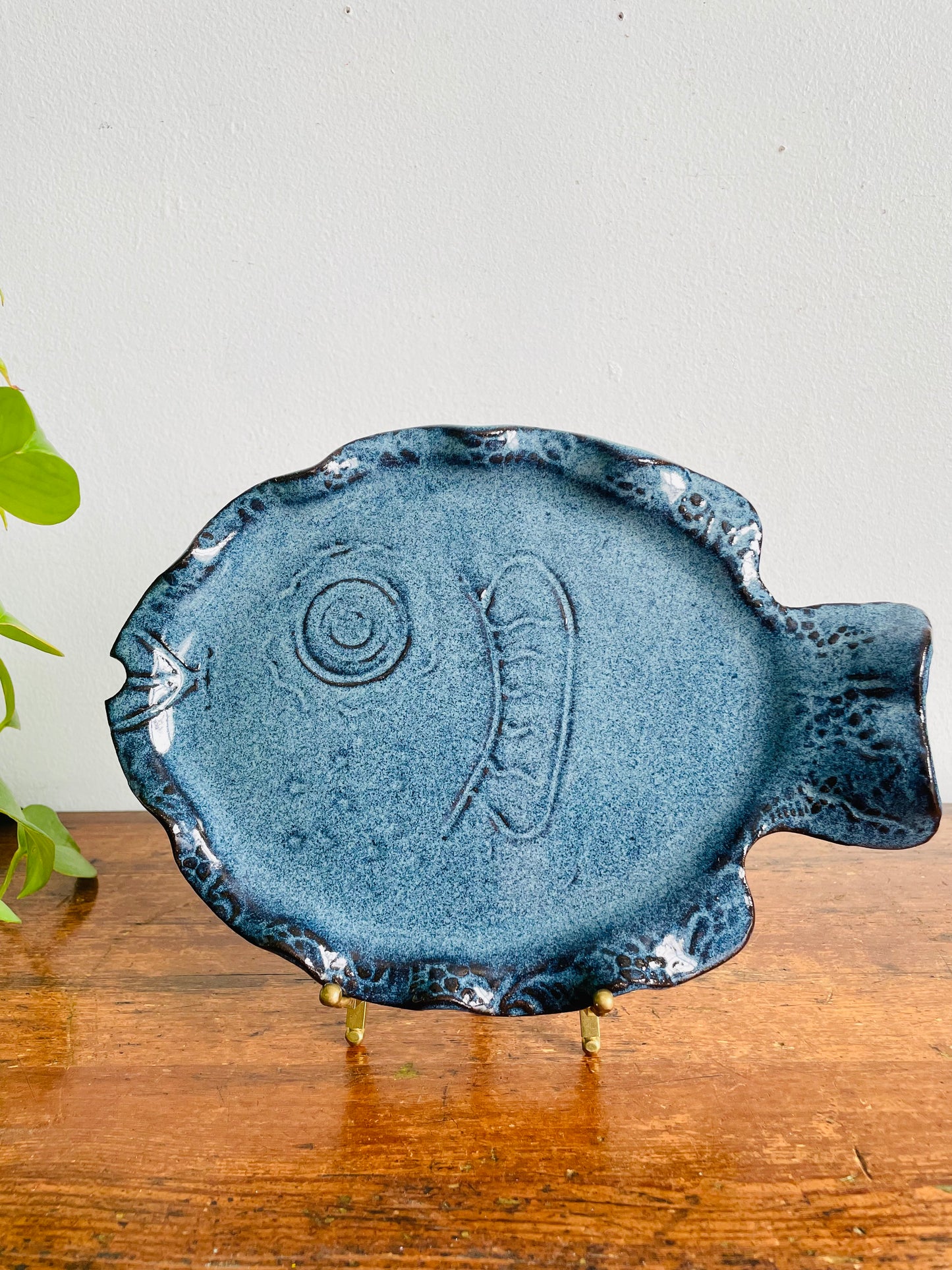 I'll Have the Fish Platter! Vintage Studio Art Pottery Wavy Speckled Blue Fish Plate - Artist Signed