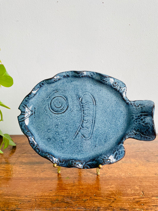 I'll Have the Fish Platter! Vintage Studio Art Pottery Wavy Speckled Blue Fish Plate - Artist Signed
