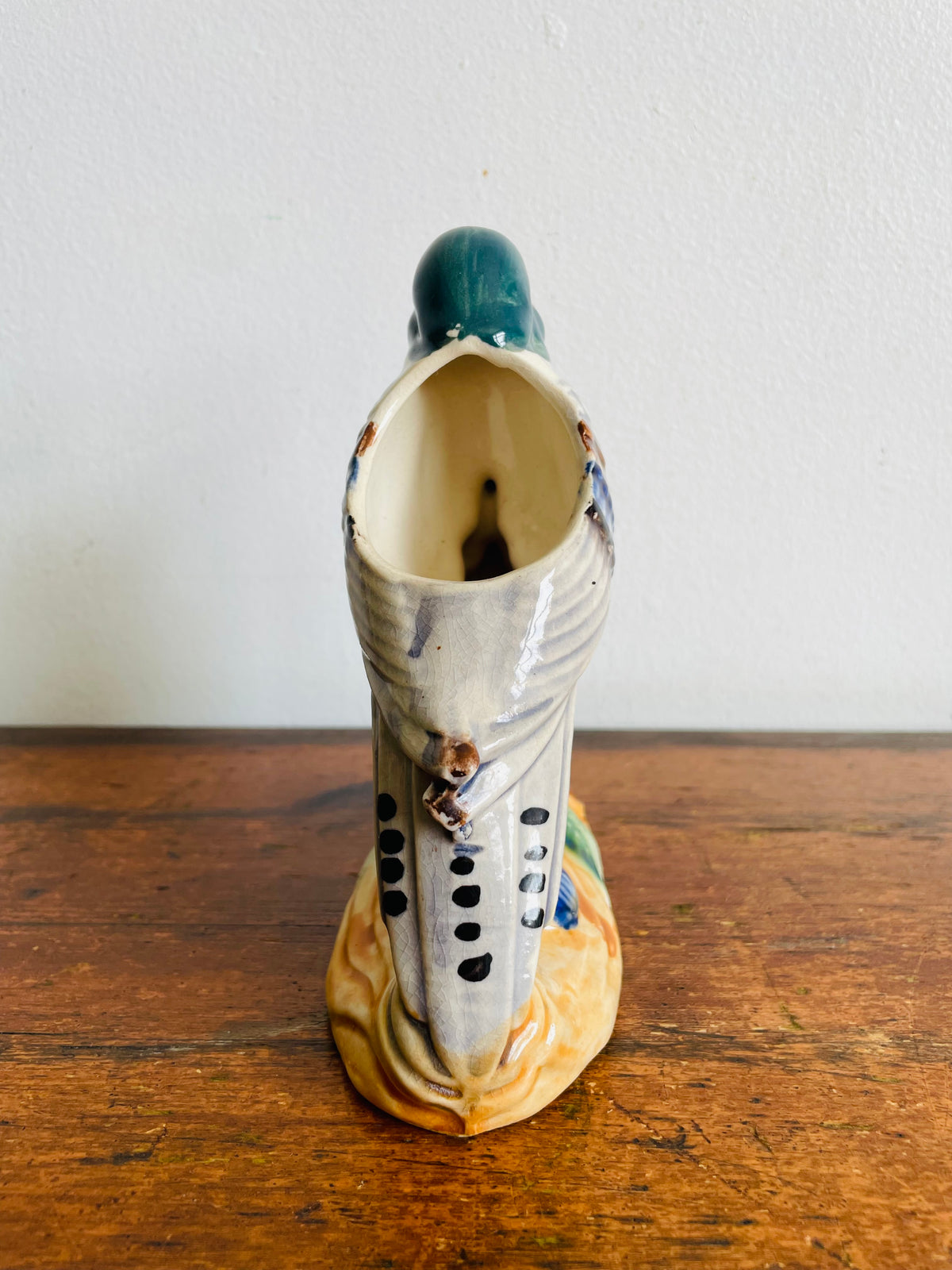 Vintage 1950s/60s Hand Painted Florart Ceramic Bird on Branch with Flowers Vase Planter