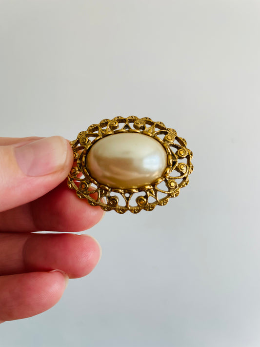 Oval Brass & Faux Pearl Brooch with Swirl Design