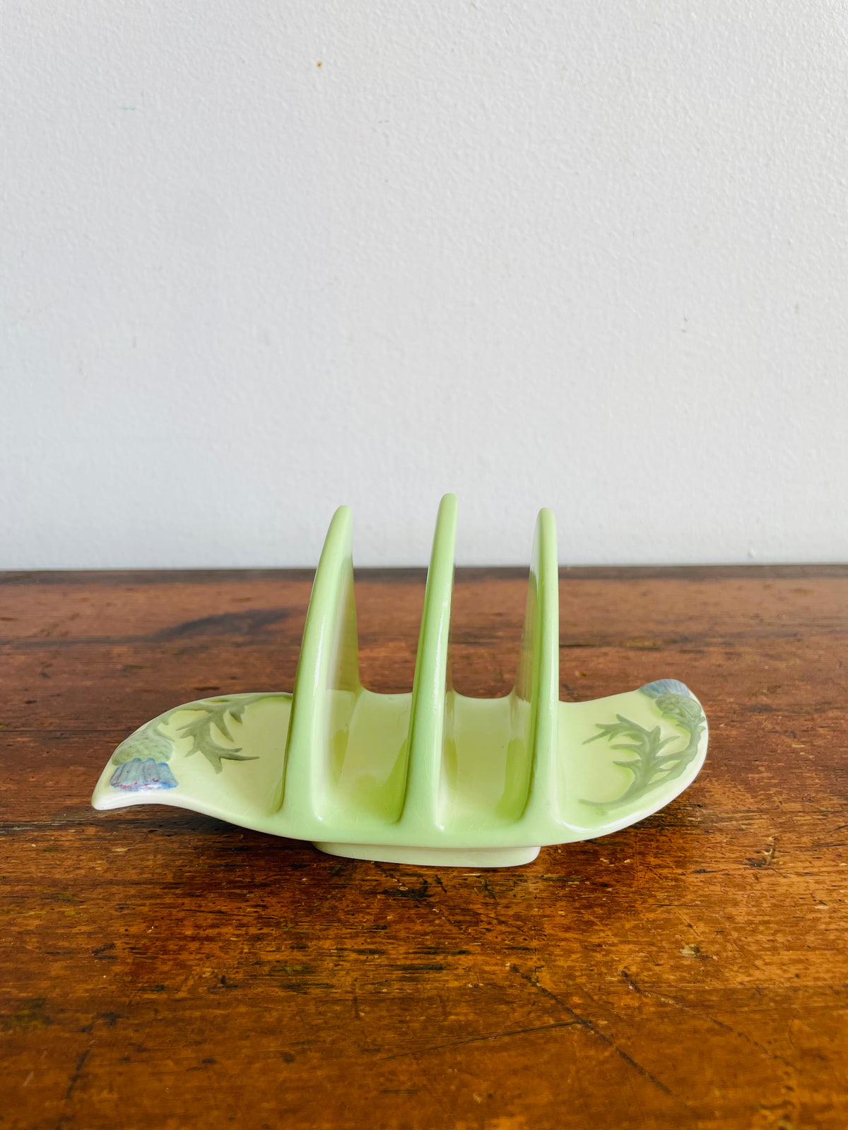 Vintage 1940s Pastel Green Royal Winton Grimwades 2-Slice Toast Rack Holder with Scottish Thistle Flower Design - Made in England - Also Great for Holding Photos, Mail, Postcards, Etc.