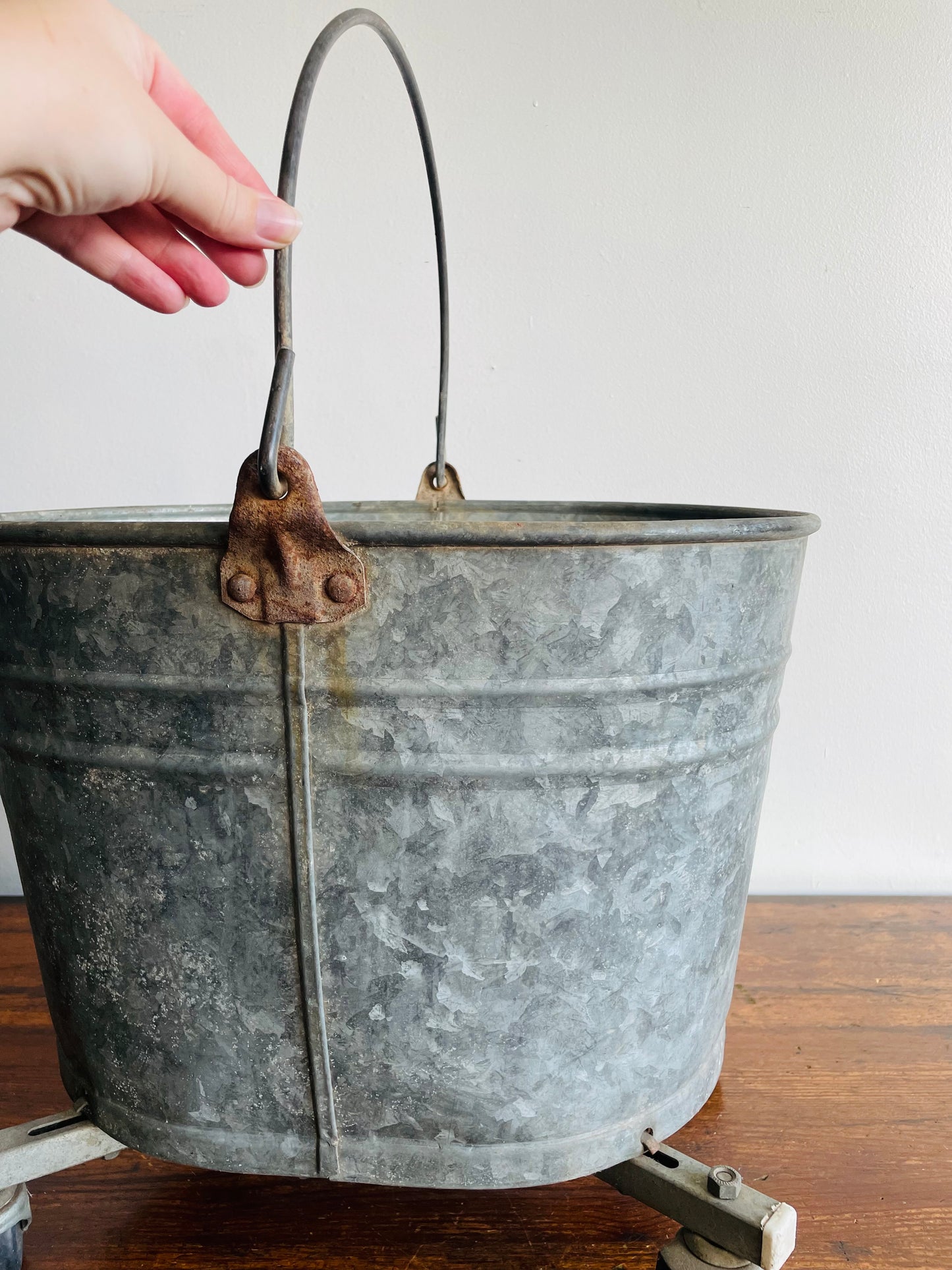 Rustic Galvanized Steel Mop Bucket on Caster Wheels with Handle - White Mop Wringer Co. of Canada - Paris, Ontario