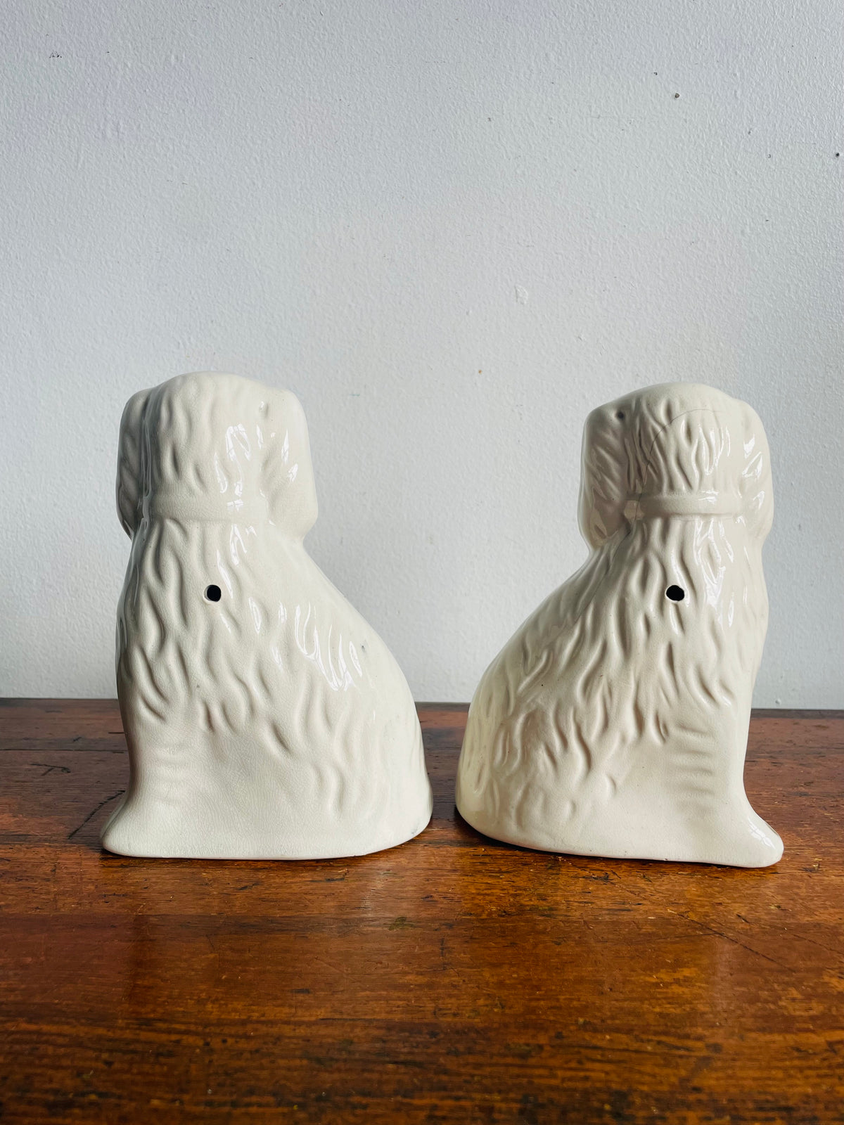 Vintage Staffordshire Fireplace Mantle Dogs - White Spaniel Statue Figurines - Set of 2 - Please Read