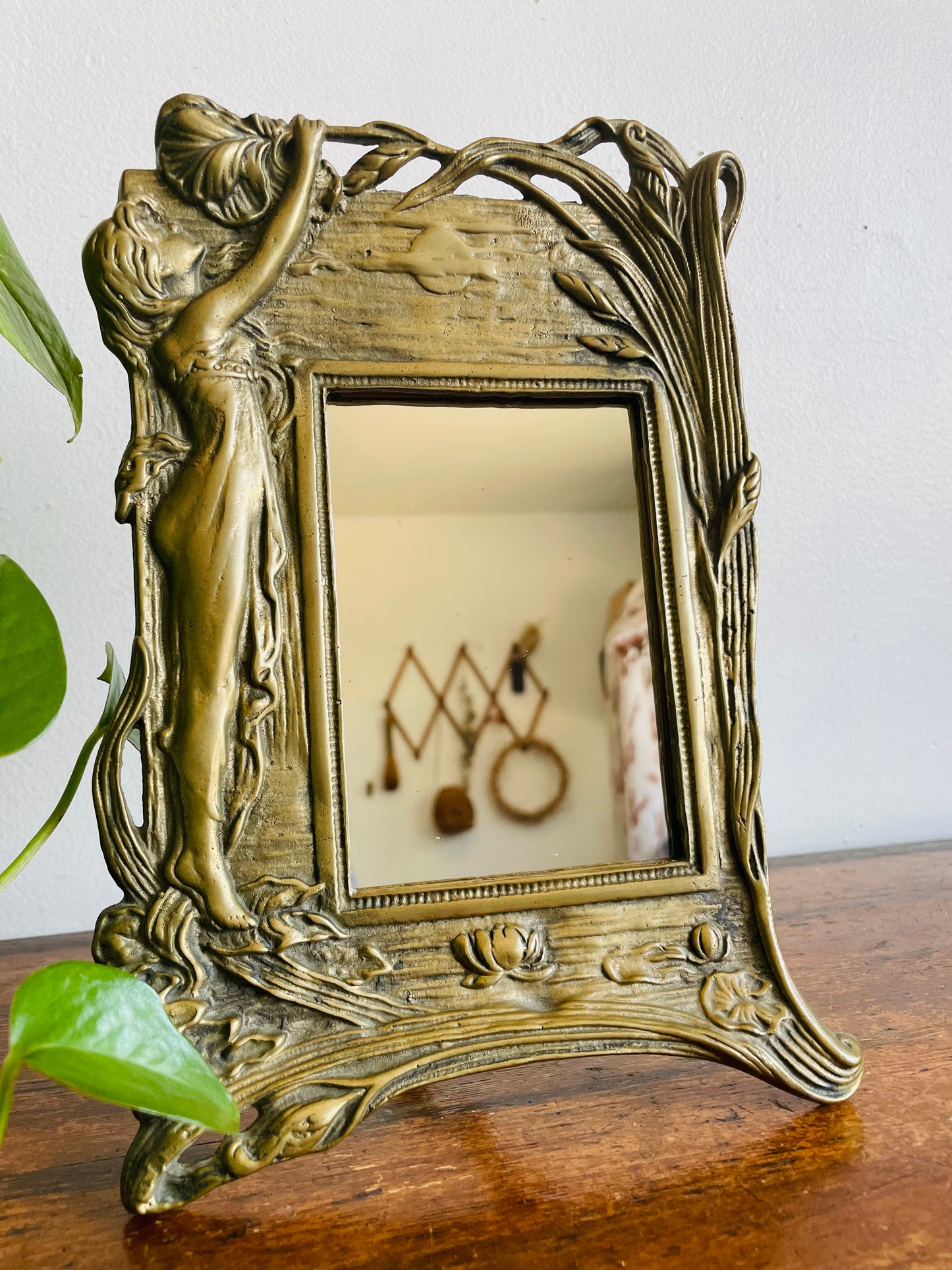 Vintage Heavy Brass Art Nouveau Easel Back Mirror with Fairy Nymph Maiden Under Sun with Flowers - Could Use as a Picture Frame as Well!
