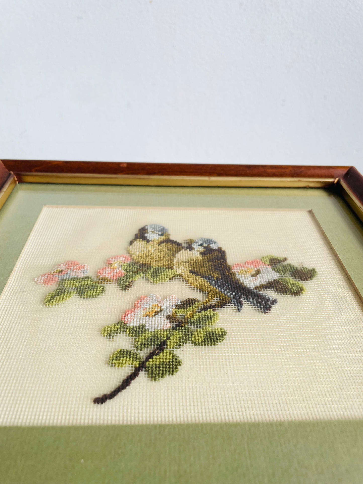 Vintage Petit Point Embroidery Picture of Two Birds on Branch with Flower Blossoms & Sage Green Mat