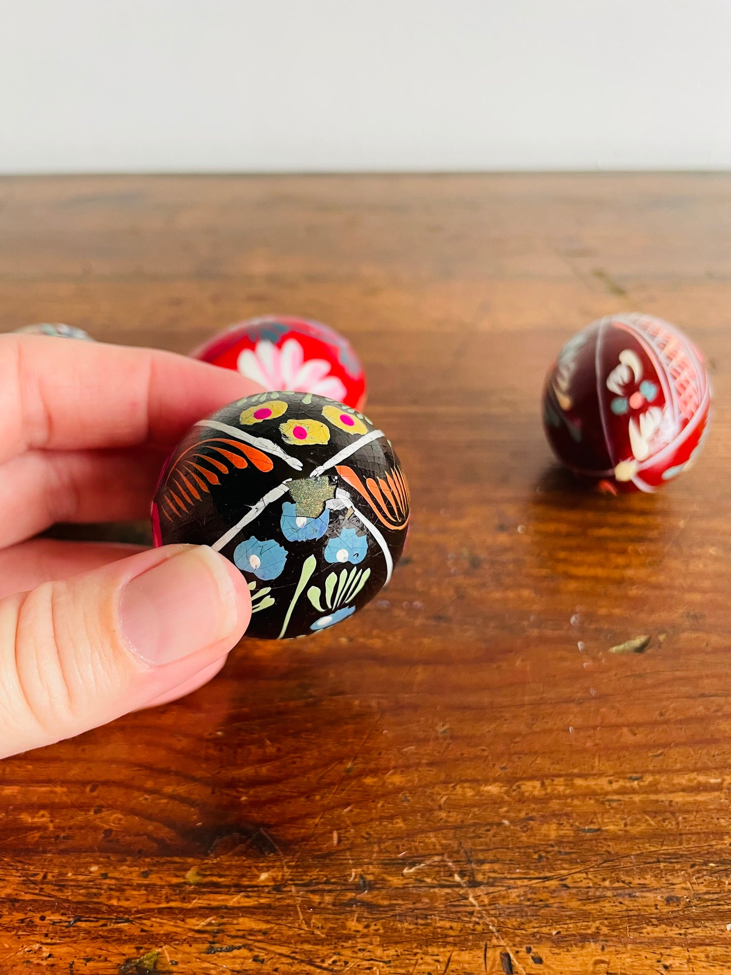 Hand Painted Wood Eggs with Various Designs - Set of 4