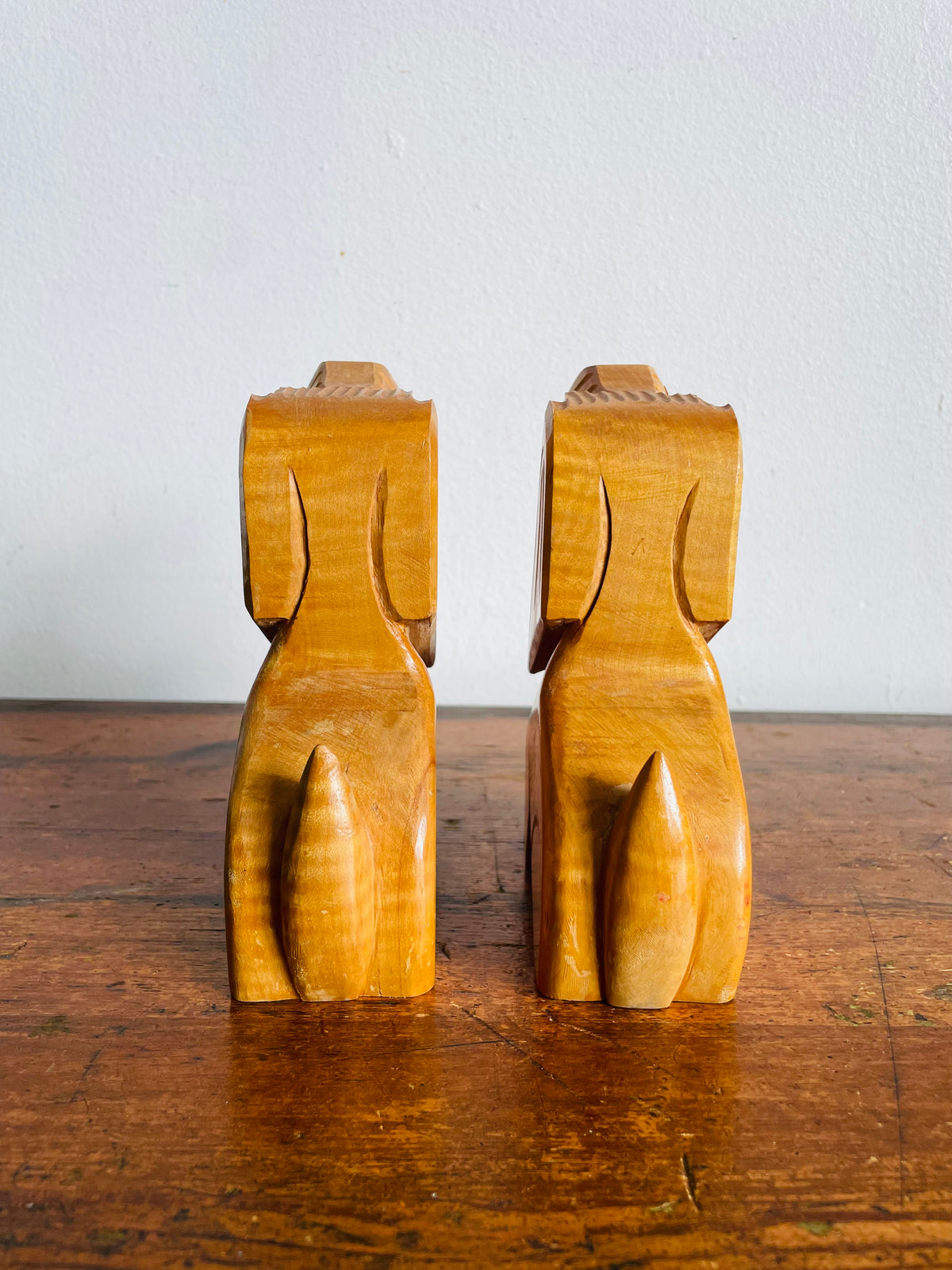 Vintage Carved Wood Hound Dog Bookends - Set of 2