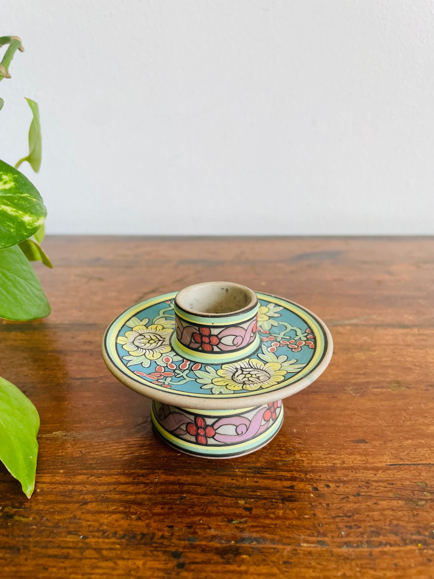 Vintage Baan Celadon Chiang Mai Pottery Candle Holder with Beautiful Flower Design - Made in Thailand