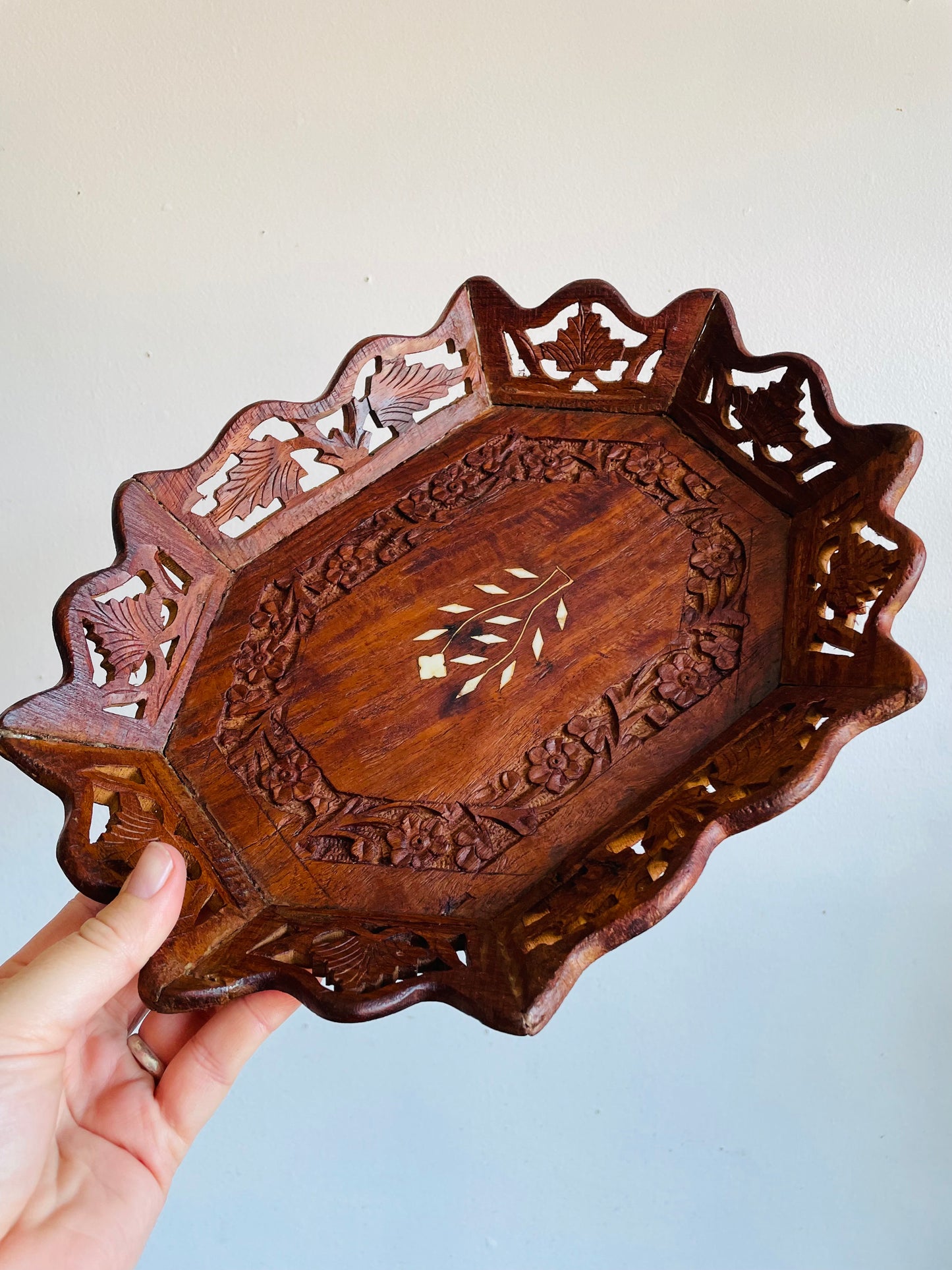 Vintage Carved Indian Rosewood Tray Dish with Inlay Design - Vanity, Bathroom, Jewellery, Candle, Etc.