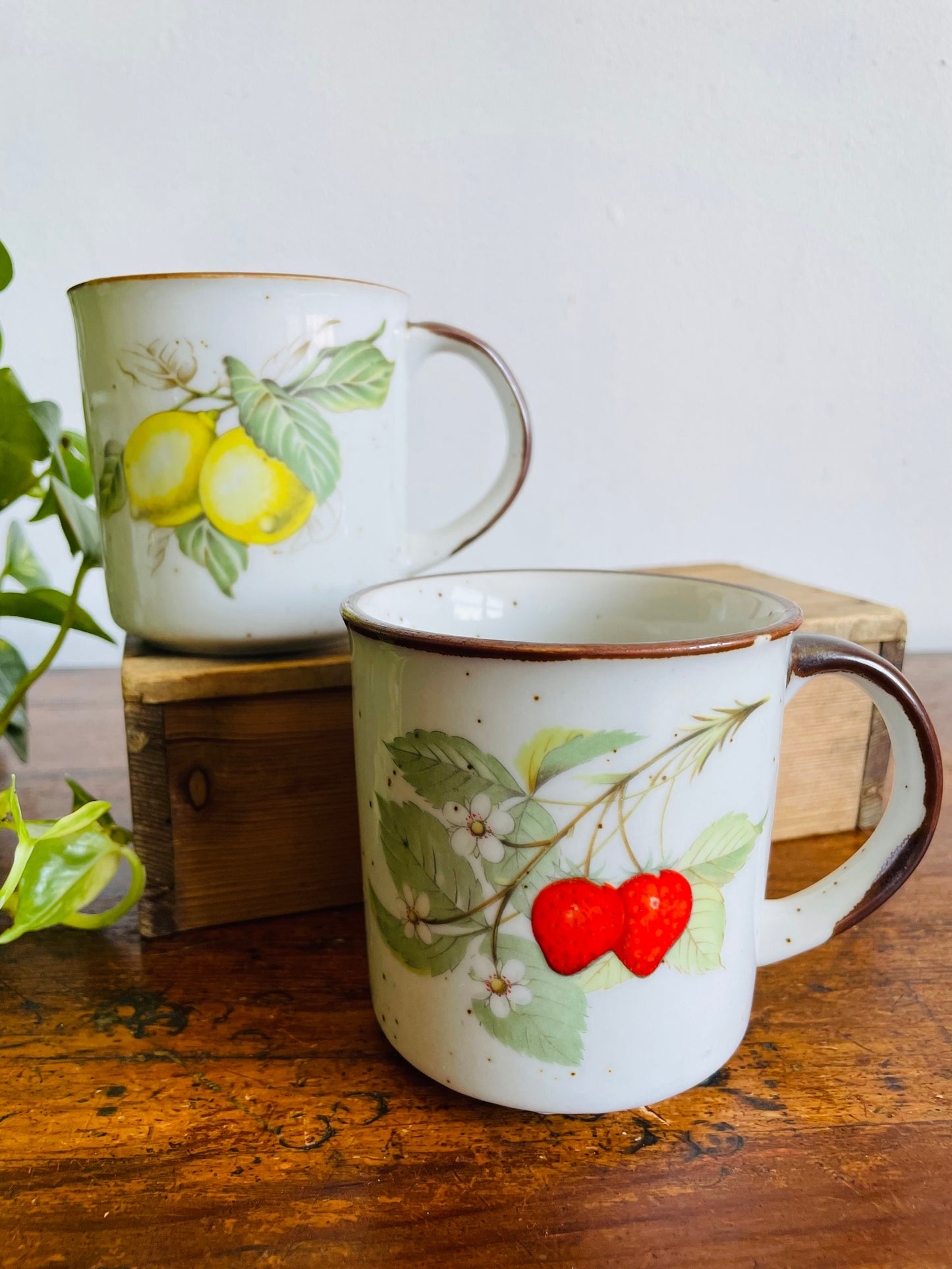 Vintage Speckled Fruit Mugs with Strawberries & Lemons - Made in Japan - Set of 2