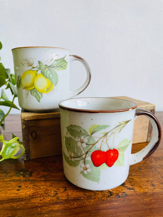 Vintage Speckled Fruit Mugs with Strawberries & Lemons - Made in Japan - Set of 2