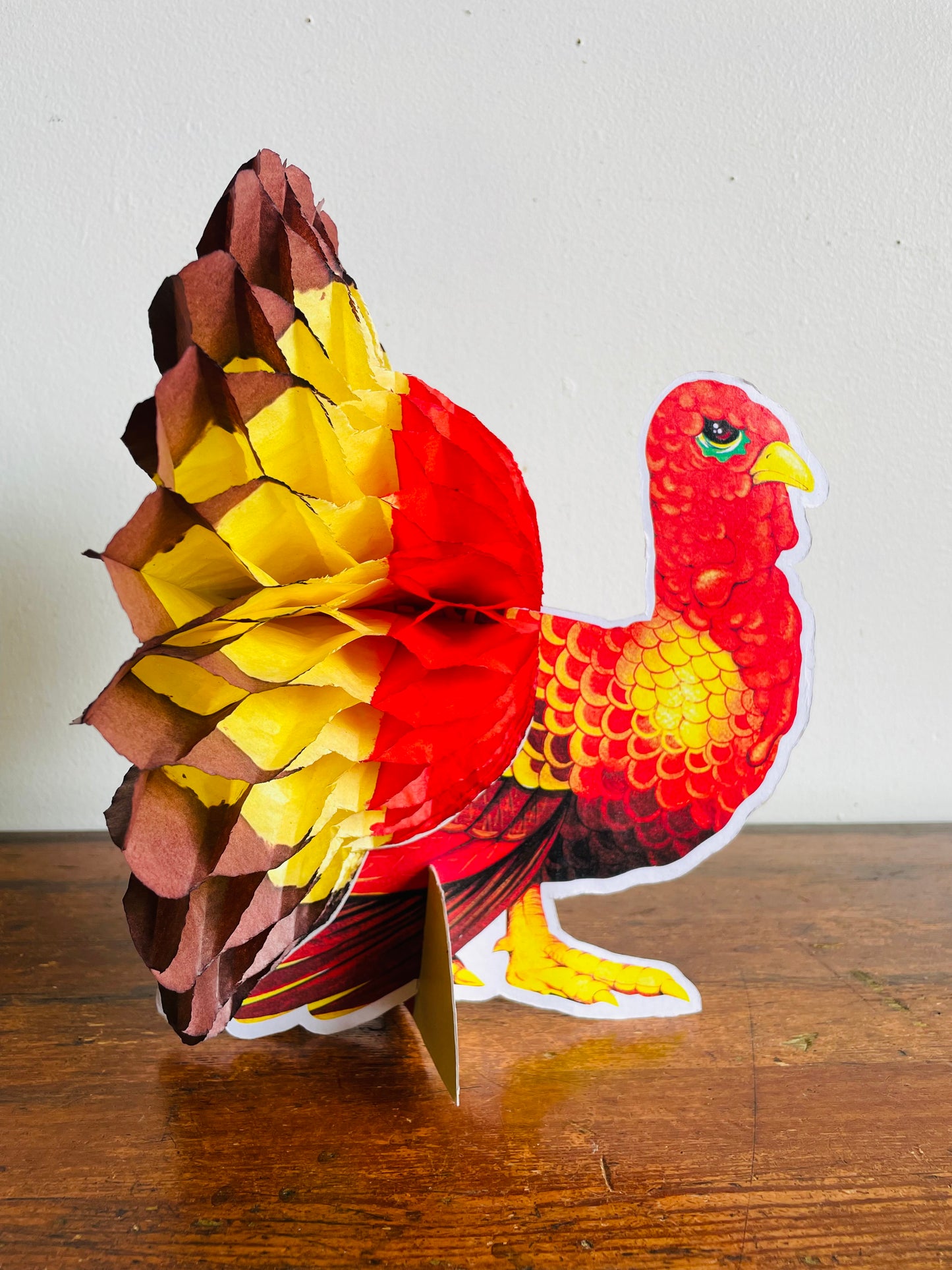 Vintage Cardboard & Tissue Paper Standing Turkey Honeycomb Decoration - Thanksgiving & Autumn Decor