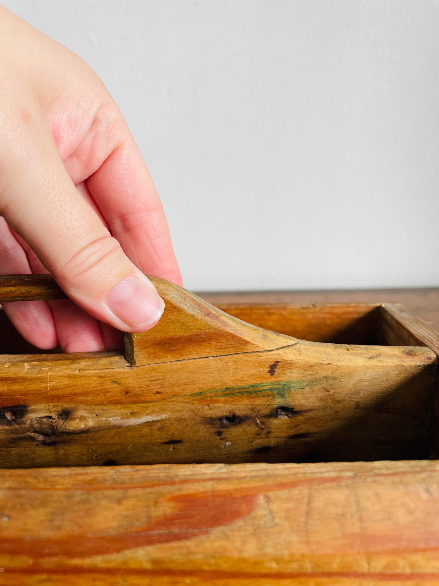 Vintage Divided Wood Caddy Crate Tray Box with Handle & Rustic Patina - As-Is
