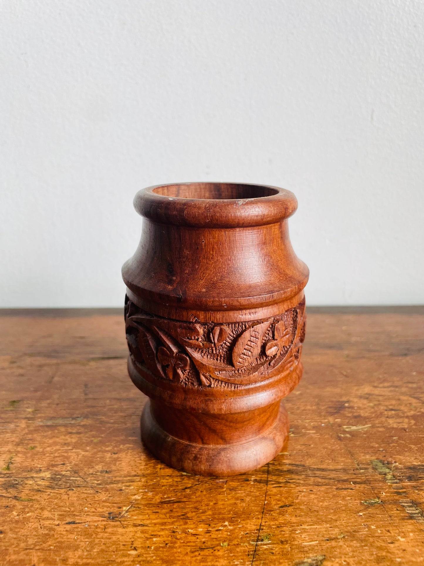 Vintage Carved Indian Rosewood / Sheesham Wood Cup Holder or Bud Vase - Great for Incense, Makeup Brushes, Dried Flowers, Pencils, Etc.