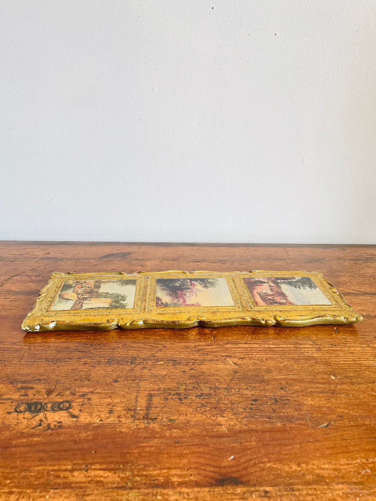 Vintage Italian Florentine Gold-Gilt Triple Landscape Wall Plaque Picture with European Art Print Scenes