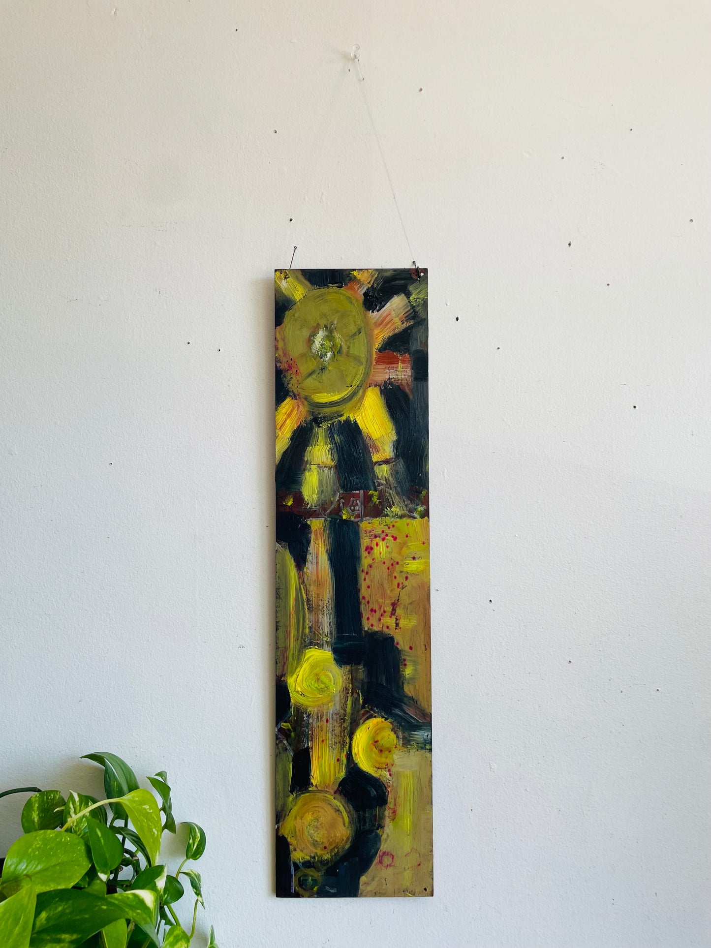 Original Art Yellow & Black Abstract Painting on Wood Board with Fish Hooks to Hang From Wall - Purchased from an Artist's Estate in Fort Erie, ON - No Shipping