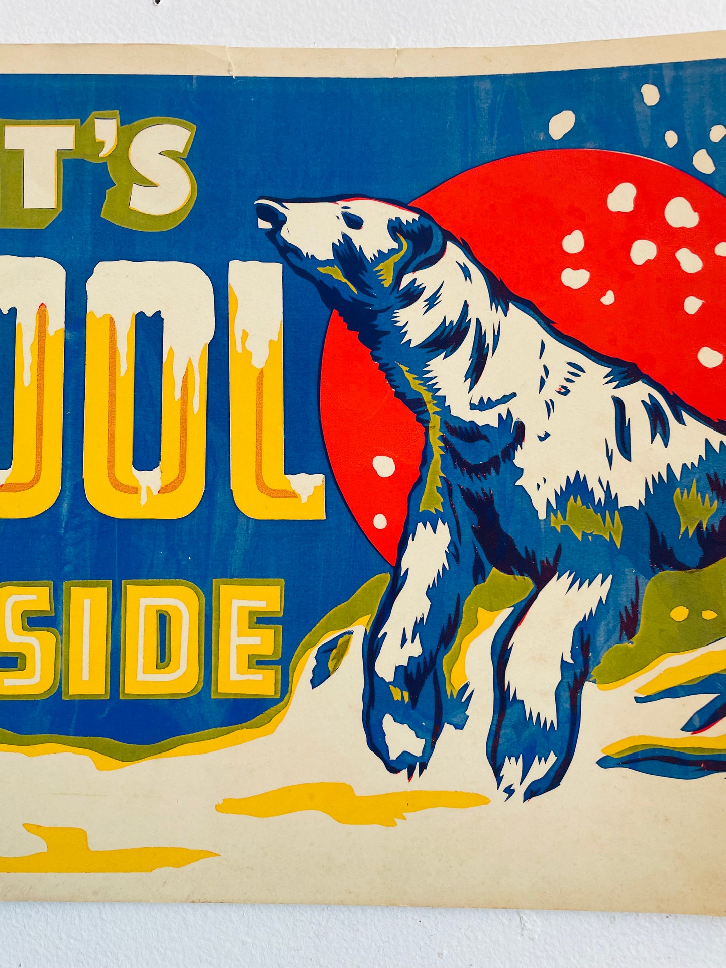 Vintage It's Cool Inside Shop Window Advertising Marketing Sign - Polar Bear with Snow - From When Air Conditioning Was a New Novelty in Shops