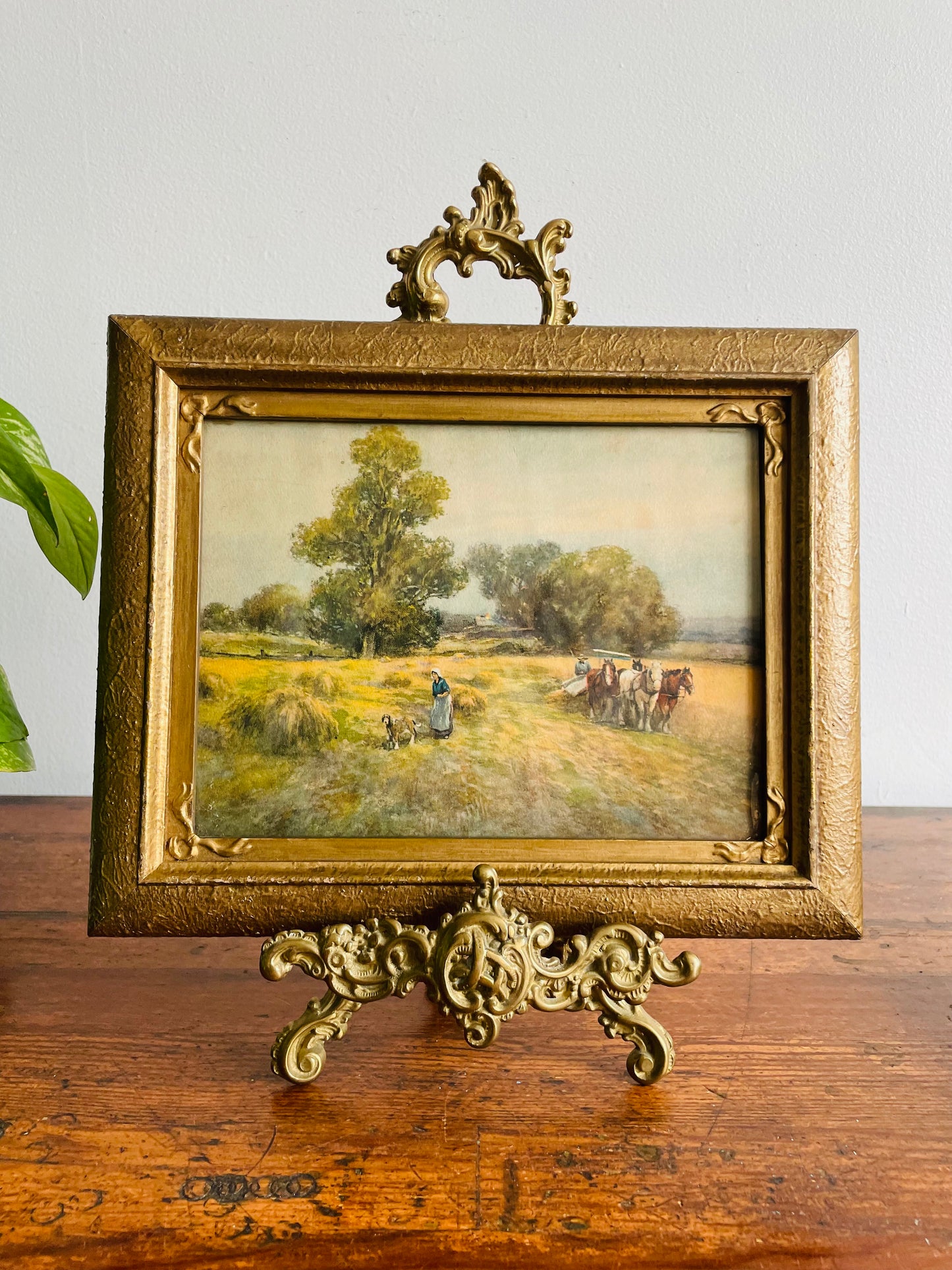 Framed Country Scene Print of People in Wheat Field with Dog & Plough Horses