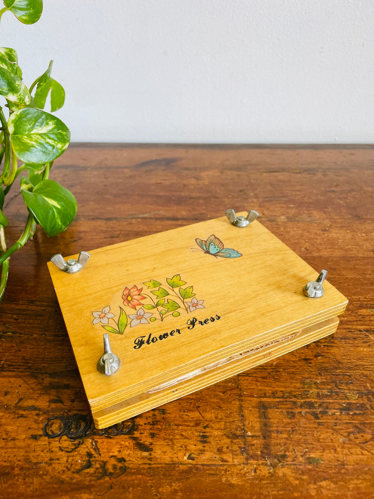 Vintage 1981 Rectangular Wood Flower Press with Floral & Butterfly Design & Wing Butterfly Screws - 5.5" x 4"