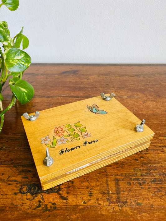 Vintage 1981 Rectangular Wood Flower Press with Floral & Butterfly Design & Wing Butterfly Screws - 5.5" x 4"